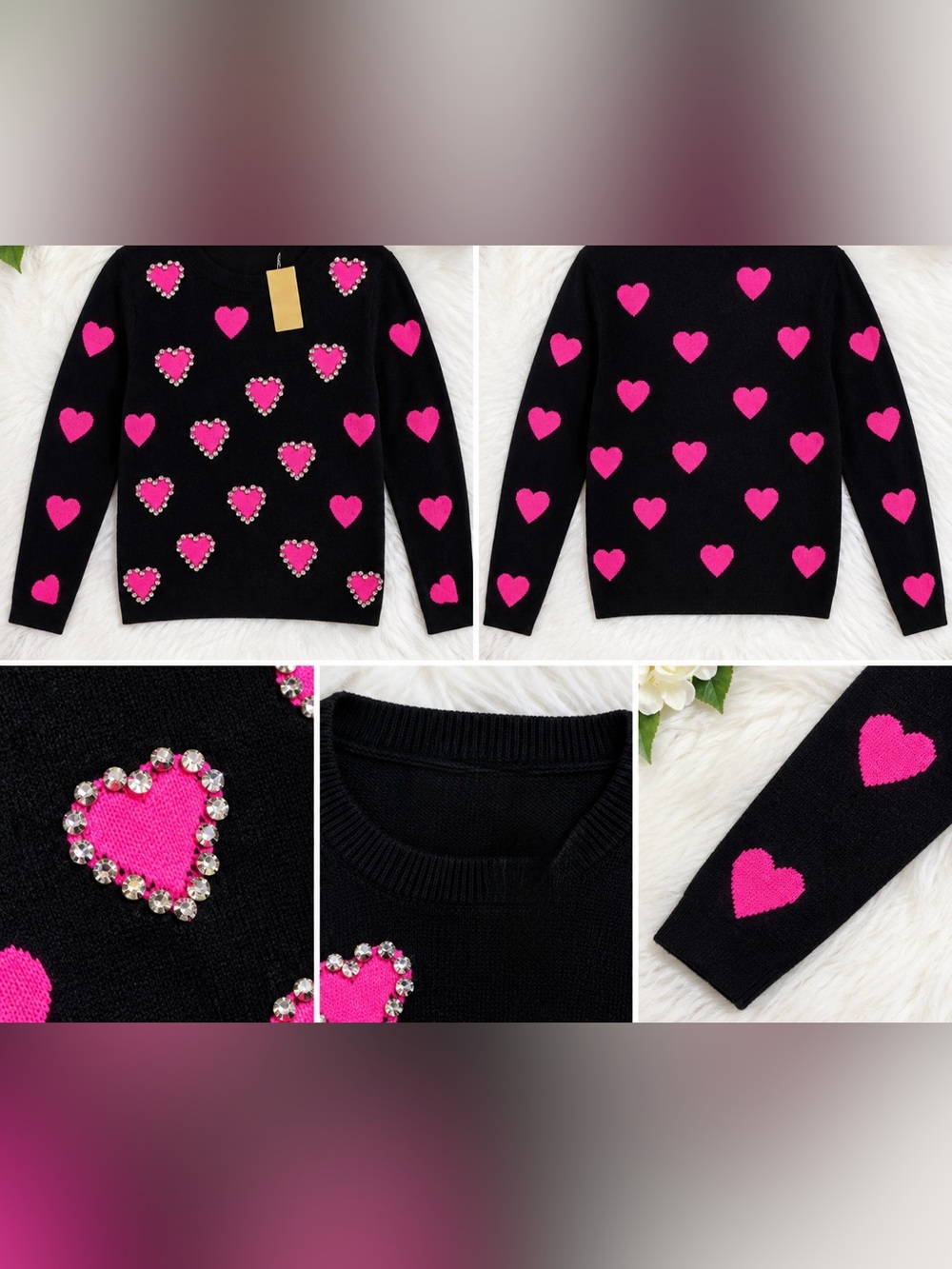 Black Crewneck Sweater with Hot Oink Hearts and Rhinestones, New w/ Tags, Size M